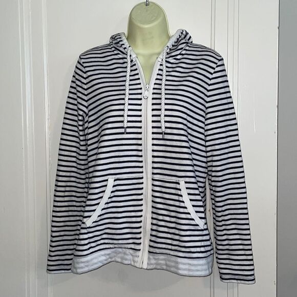Talbots nautical look navy blue & white striped jacket with hood - Picture 1 of 10